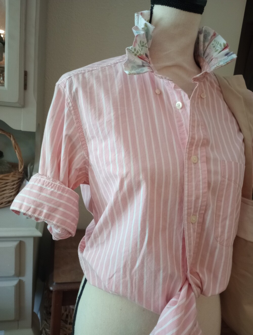 Old Navy Pink and White Striped Button-Up with Floral Ruffle Collar - Picture 2 of 11